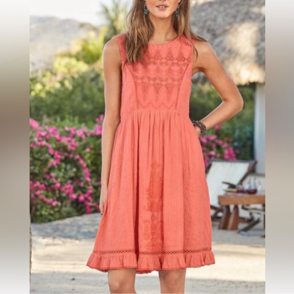Sundance Coral Sleeveless Embroidered Dress Womens Size S Boho Coastal Chic